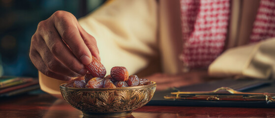 Close up of a man in traditional arabic clothing praying with dates in a decorative bowl during ramadan