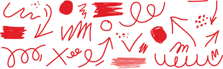 Collection of red hand drawn doodle elements and arrows isolated on