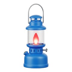 Vintage style blue oil lantern with realistic flickering flame effect on black background