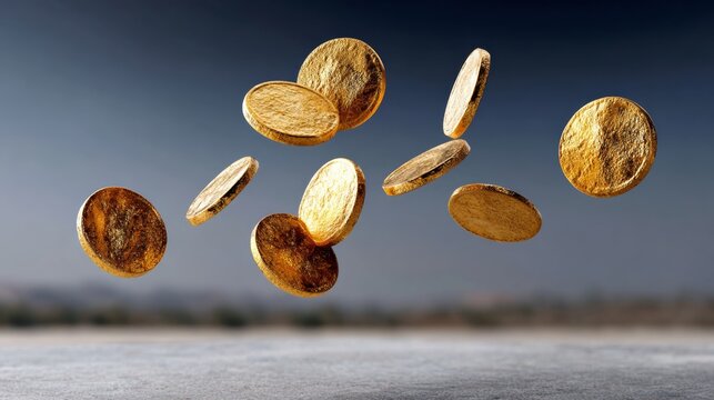 Floating golden coins in mid-air, showcasing a dynamic arrangement against a blurred background, symbolizing wealth, prosperity, and financial success in a visually striking manner