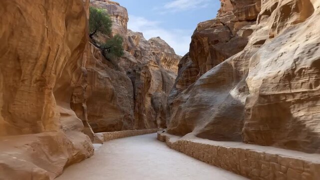 A mesmerizing journey unfolds through a magnificent natural canyon, carved by millennia of geological forces. Towering sandstone cliffs, showcasing rich textures and earthy hues of red and brown, rise