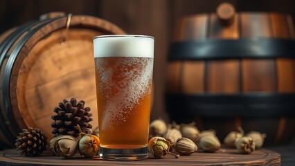 fermentation. A frosted beer glass is surrounded by wooden barrels and hop cones in a cozy tavern setting. bar promotions, beverage menus, designed for product packaging and bar promotions.