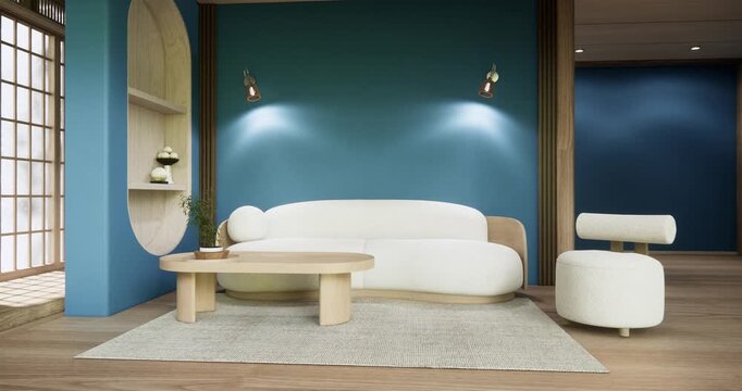 blue wall Living Room Interior Design have  mini sofa modern and decoration. 3D rendering
