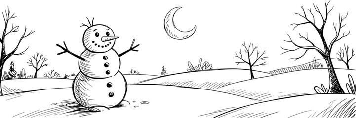 a simple snowman standing in a quiet field under a crescent moon with bare trees in the background.