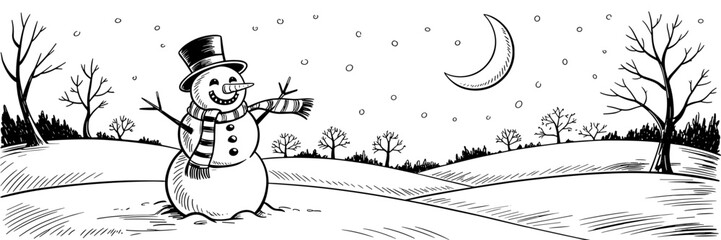 winter illustration featuring a cheerful snowman under a crescent moon with falling snow and bare trees across rolling hills.