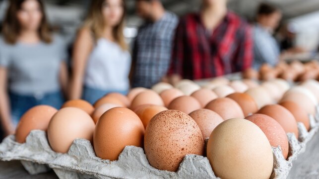 A variety of fresh eggs are neatly arranged at a farmers market with shoppers exploring nearby stalls