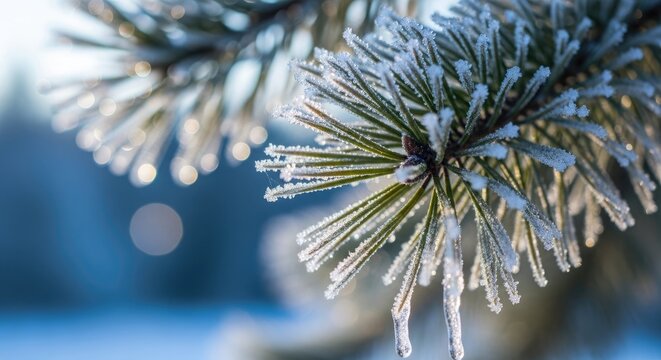 Pine needles covered in frost with icicles winter cold