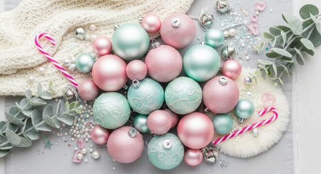 Pastel Christmas Ornaments and Candy Canes pink mint green - Powered by Adobe
