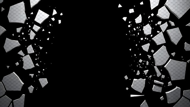 epilogue. Shattered frame border with fragments dispersing on dark background, breaking constraints concept. wellbeing guides.