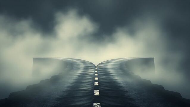 divergence. Misty crossroads splitting into paths, illustrating life's decision-making moments. wellbeing guides, coaching materials, designed for mental health education and mindfulness programs.