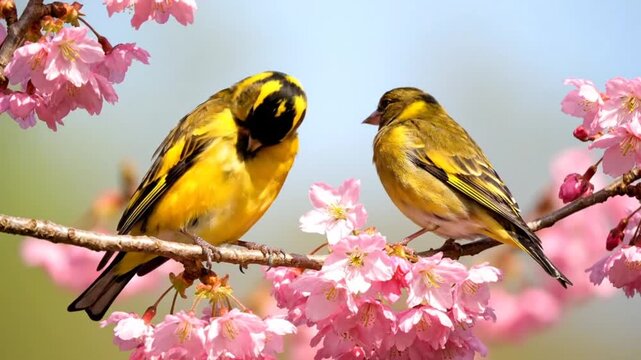 Two finches perch on a branch of pink blossoms under a clear sky.