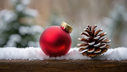 Red Christmas ornament and pine cone in snow image