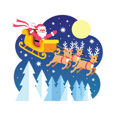 Naklejka premium Santa Claus in Sleigh with Reindeer Flying Through Christmas Night Sky Illustration