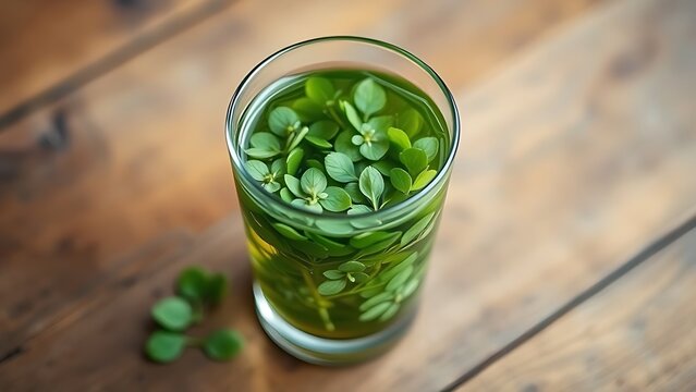 woodruff. Woodruff leaves floating in herbal tea on a wooden table with natural green tones. bar promotions, beverage menus, designed for food & beverage menus and cafe branding.
