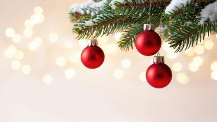 Obraz premium Red Christmas Ornaments on Snowy Fir Branch with Bokeh Lights