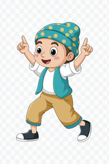 Cute cartoon boy dancing happily in colorful traditional outfit with cheerful expression and playful energy