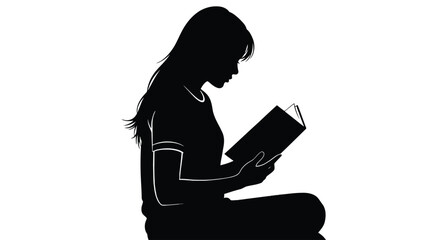 Young woman reading a book silhouette isolated on white background