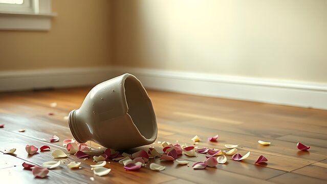 sedition. A shattered ceramic vase on a wooden floor with scattered flower petals in an empty room. wellbeing guides.