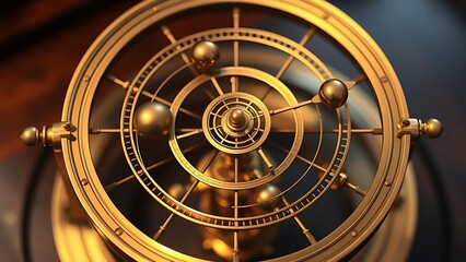 Fototapeta premium orrery. Orrery mechanism with planets orbiting a central star, a brass astronomical instrument model. STEM education sheets, lab safety posters, designed for biotech research communications.