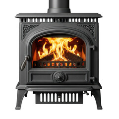 Ornate cast iron wood burning stove with glowing fire isolated on transparent background
