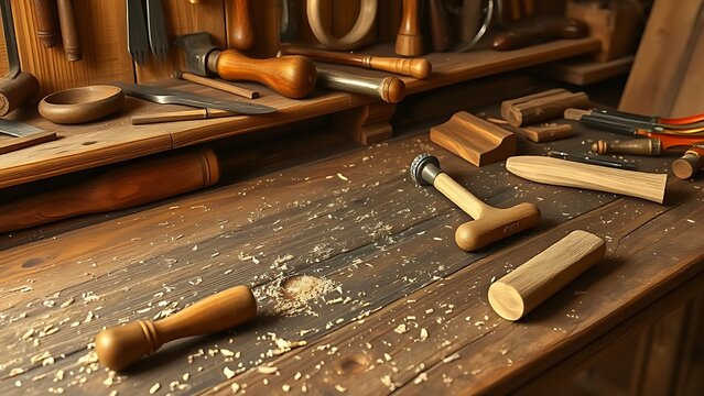 thyristor. Aged wooden workbench with neatly arranged traditional carpentry tools and wood shavings. safety posters.