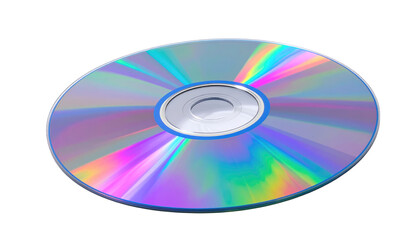 Iridescent compact disc reflecting rainbow colors, with a silver center, angled slightly to the left, on a plain white background