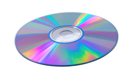 Iridescent compact disc reflecting rainbow colors, with a silver center, angled slightly to the left, on a plain white background