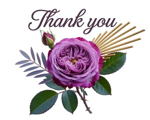 Thank you script with a vibrant purple rose, delicate bud, golden decor and elegant leaves on white background