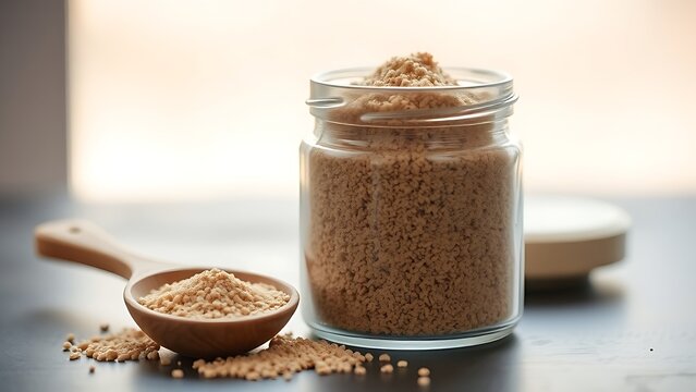 psyllium. Clear glass jar filled with fine brown powder, wooden spoon beside it. menu design, packaging mockups, designed for food delivery and cloud-kitchen brand materials, inspires cooking.