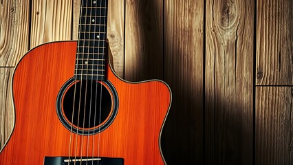 Obraz premium chord. Acoustic guitar close-up against rustic wood, highlighted by warm side lighting. tutorial guides, club newsletters, designed for tourism and weekend activity guides, supports event promotion.