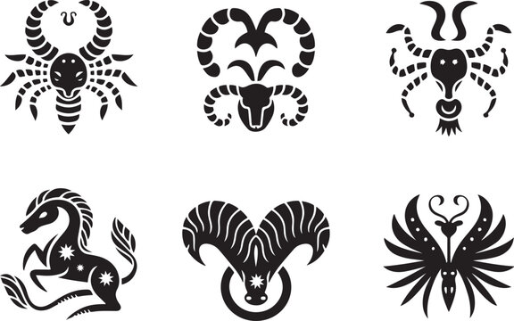 Six stylized black and white glyphs representing zodiac or astrological symbols isolated on white background