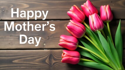 A bouquet of fresh pink tulips placed on a rustic wooden table