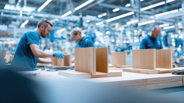 Caucasian male workers assembling wooden furniture in factory