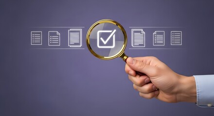 Ensure accuracy using a magnifying glass to review documents, highlighting completed tasks with a checkmark for quality control and business excellence today