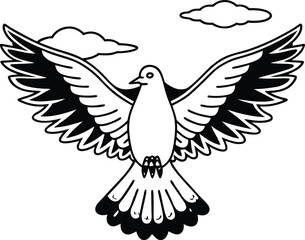 Obraz premium Black and white line art illustration of a dove bird with wings spread flying against a sky background