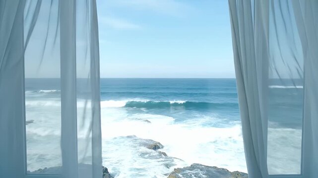 Ocean View Through Window with White Curtains and Crashing Waves on Rocky Shore
