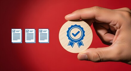 Quality assurance checks symbolized by hand holding approved wooden stamp, ensuring compliance and validation, promoting trust and verification for business success