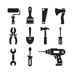 Set of Black Silhouette Construction and Carpentry Hand Tools for Home Repair Projects with a Hammer Axe Wrench Drill and Shovel Ideal for DIY Projects