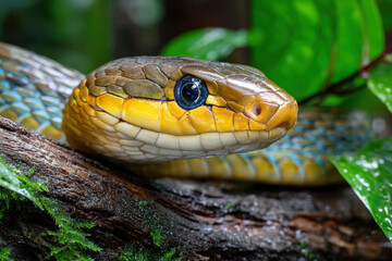 Obraz premium Closeup of a Colorful Snake on a Mossy Branch