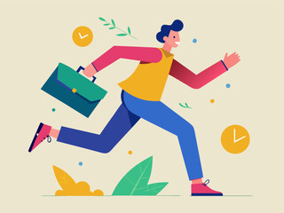 Dynamic worker running with briefcase. Flat vector illustration