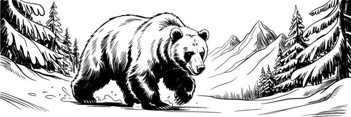 Illustrated grizzly bear striding across a snowy landscape surrounded by pine trees and mountains, ideal for nature, wildlife, and adventure themes.