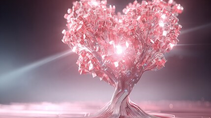 Heart-shaped pink metallic tree with glowing cubes in futuristic style