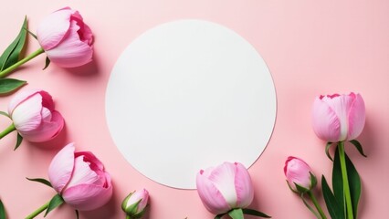 A cluster of pink tulips surrounded by a white circle on a pink background