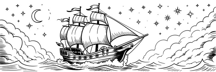 Naklejka premium classic sailing ship navigating ocean waves under a night sky with stars, moon, and clouds, creating an adventurous nautical scene.