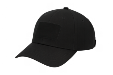 Black tactical baseball cap displaying a hook and loop patch on the front and ventilation eyelets. Transparent background