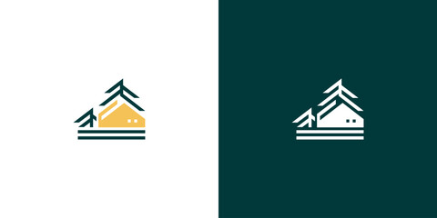 Minimalist cabin in the woods logo icon with pine trees, a simple and clean design for a real estate or travel brand