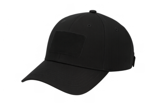 Black tactical baseball cap displaying a hook and loop patch on the front and ventilation eyelets. Transparent background