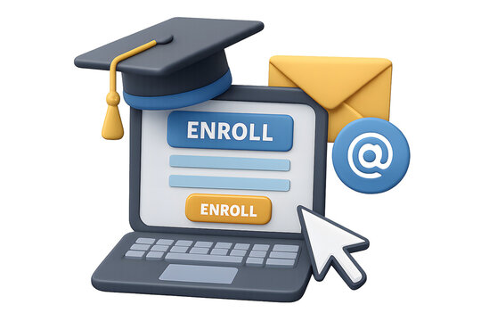 Online enrollment concept using laptop, mortarboard, and email symbol for educational technology.