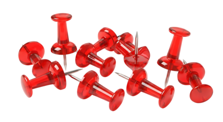 Group of shiny red push pins scattered together isolated on transparent background