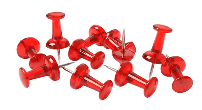 Group of shiny red push pins scattered together isolated on transparent background
